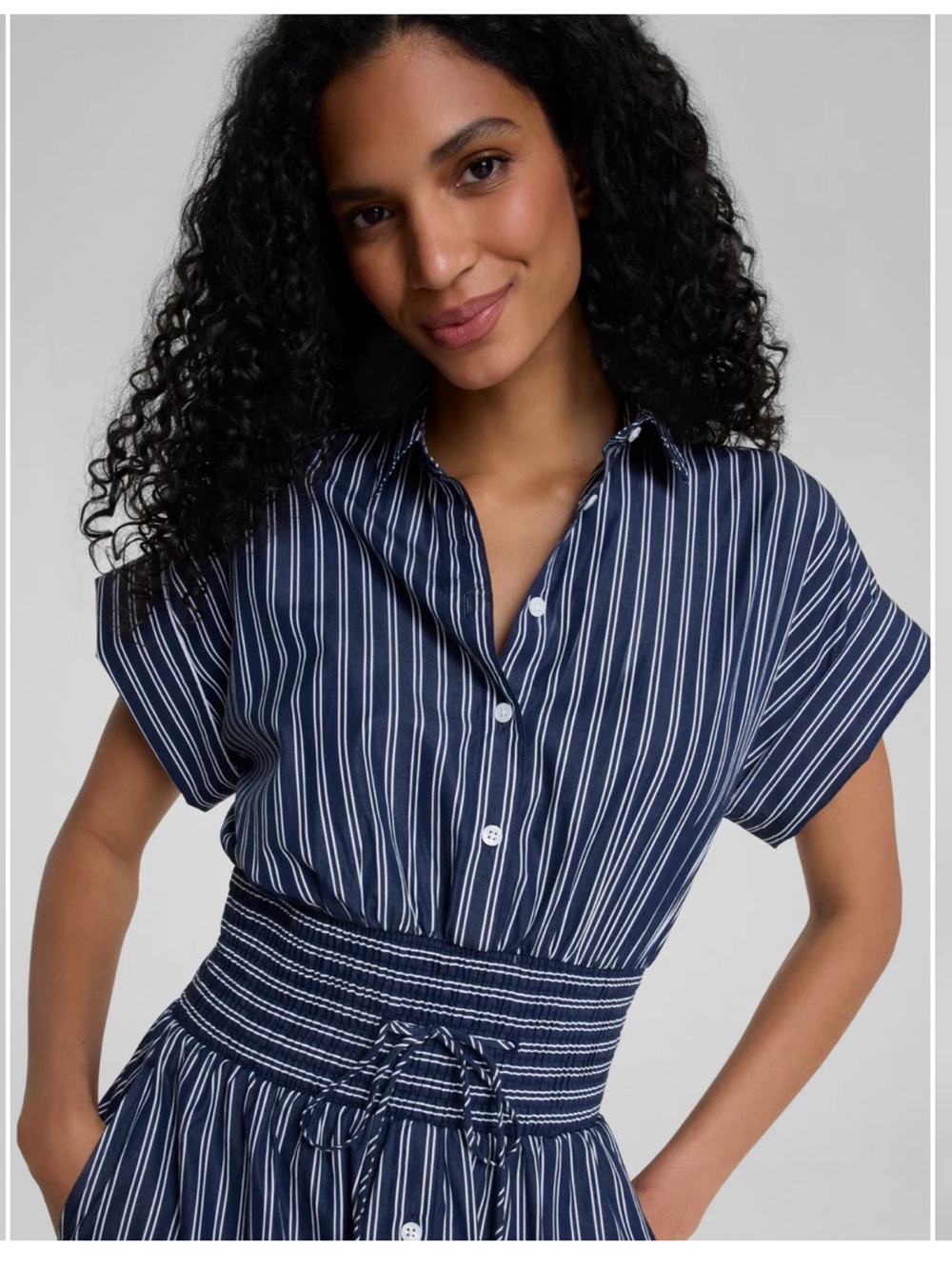 SPANX • Poplin smocked mini shirt dress - Navy and White Striped - Medium - Picture 4 of 10